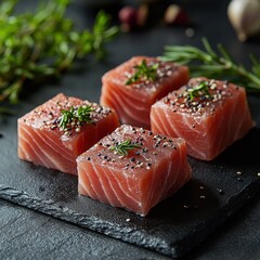 Minimalist arrangement of ahi tuna and herbs on a white plate