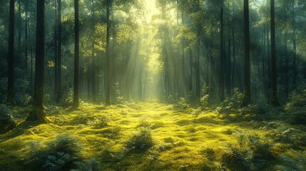 Naklejka premium Sunlit forest path, mossy ground, ethereal.