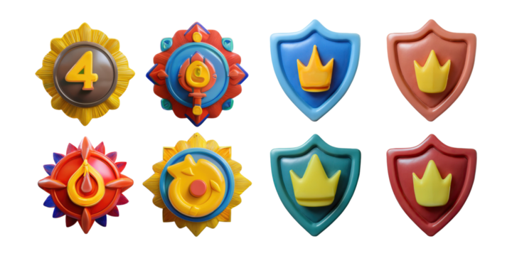 Colorful Decorative Medals and Shields for Awards, PNG collection, set bundle, isolate on transparent or white background