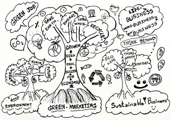 Hand drawing about sustainable business theme in cartoon character,with black line on paper,