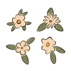 Hand drawn collection of floral designs featuring four distinct flower types with leaves