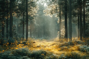 Obraz premium Sunlit forest path, wildflowers, misty morning.