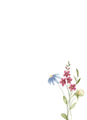 Greeting card template with watercolor flowers, floral frame, invitation hand painted. 