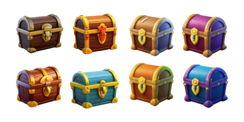 Colorful Treasure Chests for Game Design, PNG collection, set bundle, isolate on transparent or white background