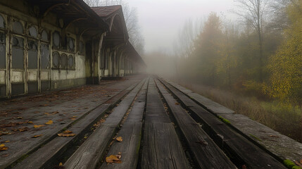 Naklejka premium Abandoned railway station with spider webs, foggy weather, wooden platform, and forest view