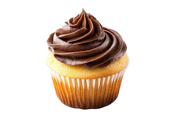 Cupcake with chocolate icing isolated on transparent background.