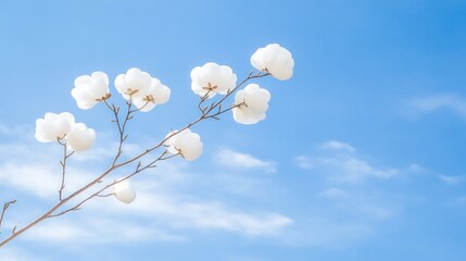 Delicate cotton flowers blooming nature scene bright sky tranquil environment close-up view