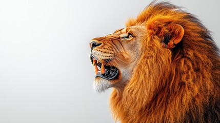 Naklejka premium Profile of a majestic male lion roaring with its mouth open, showcasing its powerful teeth and impressive mane against a neutral background.