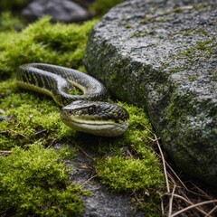 Fototapeta premium A snake slithering along a rock covered in vibrant green moss.