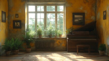 Vintage room with piano and plants. Concept of nostalgia, tranquility, and artistic inspiration.
