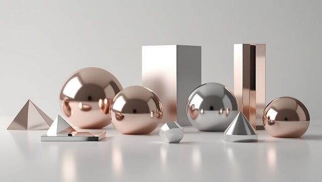 Rose Gold and Silver Geometric Shapes on White Background - Powered by Adobe