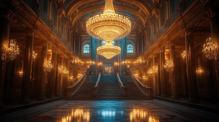 Fototapeta premium Grand staircase, opulent chandeliers, gilded hall.