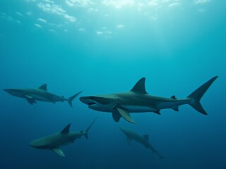 Obraz premium Spectacular underwater views feature sharks swimming gracefully among colorful coral reefs.