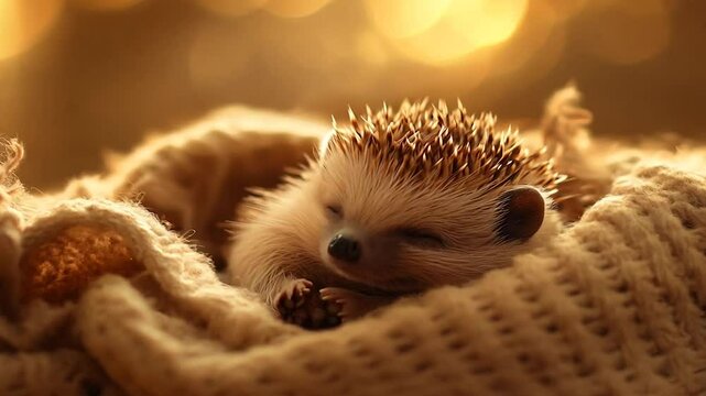 A close-up of a hedgehog peacefully sleeping in a warm knitted blanket with a soft golden glow, evoking feelings of warmth and comfort.