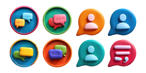 Colorful Chat and User Icons in Play Dough Style, PNG collection, set bundle, isolate on transparent or white background