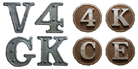 Vintage Metal Letters and Numbers for Creative Projects, PNG collection, set bundle, isolate on transparent or white background