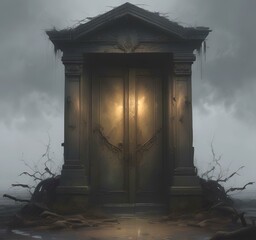 Illustration of mystery door with dramatic smoke.