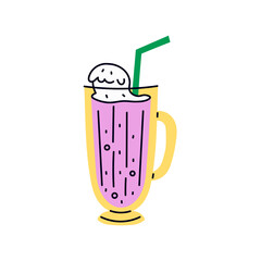 Carbonated Drink with Scoop of Ice Cream and Straw. Hand drawn fizz beverage soda or cocktail vector illustration in cartoon flat style