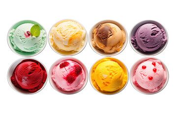 Top view collection of ice cream scoops in various flavors, including mint, chocolate, raspberry, and more, perfect for summer treat isolated on transparent background, PNG cutout.