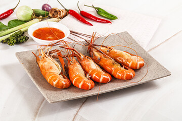 Boiled tiger prawn with sauce