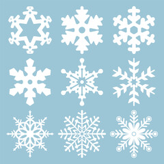 Snowflake icons. Snowflake Vectors. Snowflakes set. Background for winter and christmas theme. Snowflake icons Isolated on Blue Background. Vector illustration. Elements for design. EPS10.