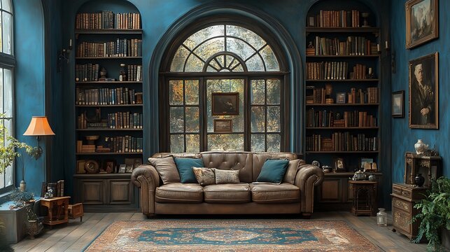 Cozy library interior with leather sofa. Concept of reading, relaxation, and home.