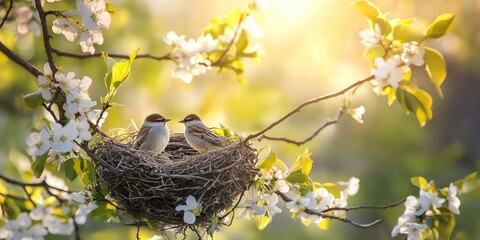 A bird's nest with two birds sitting on it, surrounded by spring blossoms and green leaves in the background. The sunlight filters through the branches, creating a soft glow over the scene.
