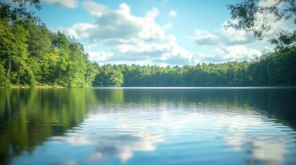 Obraz premium Serene lake surrounded by lush greenery and blue skies