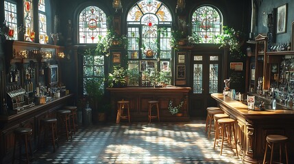 Obraz premium Vintage Pub Interior, Dark and Cozy. Concept of Traditional Irish Pub, Relaxation, and Hospitality.
