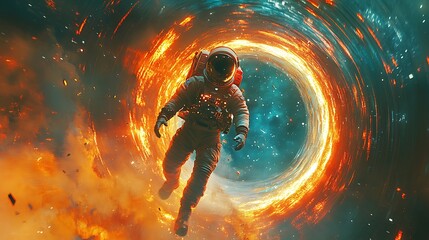 An astronaut drifting near a glowing wormhole, its edges rippling with vibrant colors of orange and teal, cinematic lighting casting a radiant glow on the suit, hd quality,