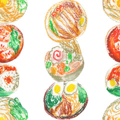 Asian food wax crayons seamless pattern on white isolated background. Textural and cooking food repeating pattern. Design for textiles, wrapping paper and wallpaper.