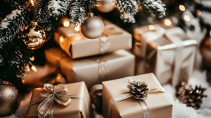 Christmas gifts under tree with snow-covered branches, golden ornaments, and cozy holiday vibe