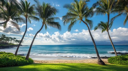 Idyllic tropical beach scene with palm trees, turquoise ocean, and sandy shore under a vibrant blue sky.
