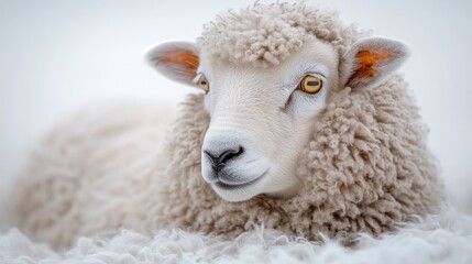 Fluffy white sheep resting on the ground, looking calmly at the camera.