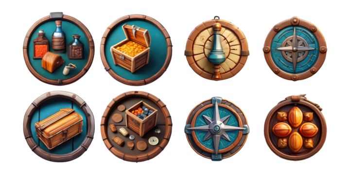 Vintage Icons of Treasure and Adventure Elements, PNG collection, set bundle, isolate on transparent or white background