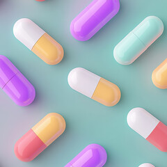 Colorful capsules scattered on soft background, representing health and wellness