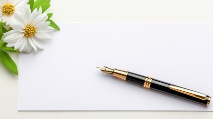 Elegant fountain pen writing on blank paper with flowers calm setting close-up shot for inspiration