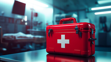 A red emergency medical kit in a hospital surgery room, Emergency medical supplies, Preparedness and readiness for medical situations