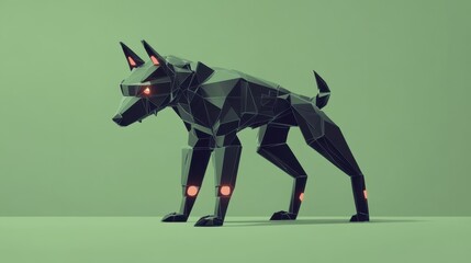 Obraz premium A stylized low-poly robot dog, standing on a monochromatic green background, with angular features and a digital aesthetic.