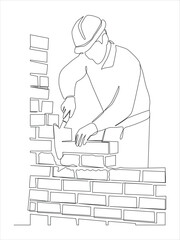 Continuous one line drawing repairman building brick wall,  Repair work services.