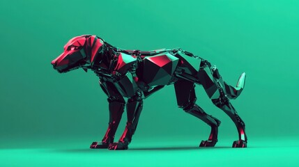 Obraz premium A stylized low-poly robot dog, standing on a monochromatic green background, with angular features and a digital aesthetic.