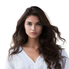 Naklejka premium Gorgeous Hispanic brunette girl in white clothes with long wavy hair posing on white background