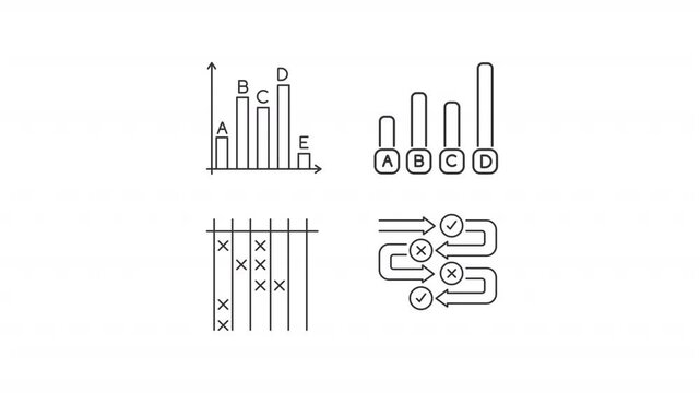 Survey processing animation set. Statistical analysis animated line icons. Data management, feedback. Black illustrations on white background. HD video with alpha channel. Motion graphic
