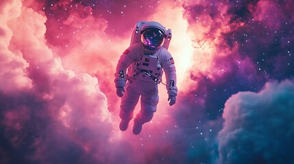 An astronaut floating in a vibrant nebula, surrounded by soft hues of pink, purple, and blue, glowing clouds of cosmic dust swirling around them,