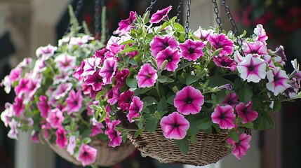 Fototapeta premium Vibrant Petunias in Hanging Baskets: A Symphony of Pink and White