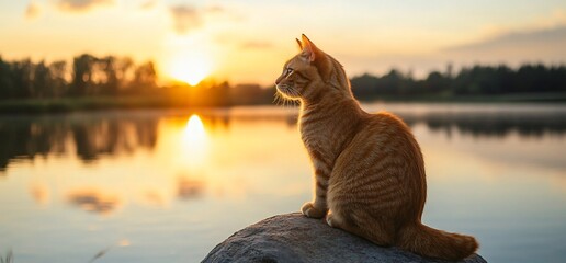 Obraz premium A serene sunset view with an orange cat sitting by a tranquil lake.