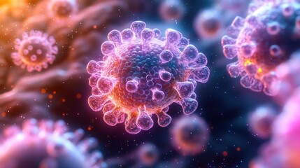 Microscopic view of viruses, detailed rendering of viral structures, infectious agents.