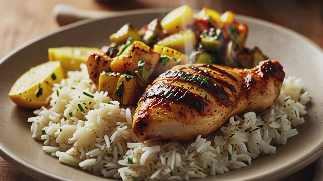 Grilled rice and chicken dish, 4K seamless looping virtual video animation background