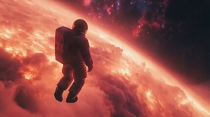 Naklejka premium An astronaut floating in space, witnessing a distant alien planet with auroras glowing in shades of pink and orange, cinematic lighting highlighting the contours of their suit, hd quality,