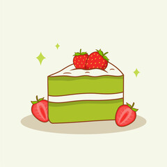 Green Tea Cake Slice With Strawberry. Matcha Cake Illustration
